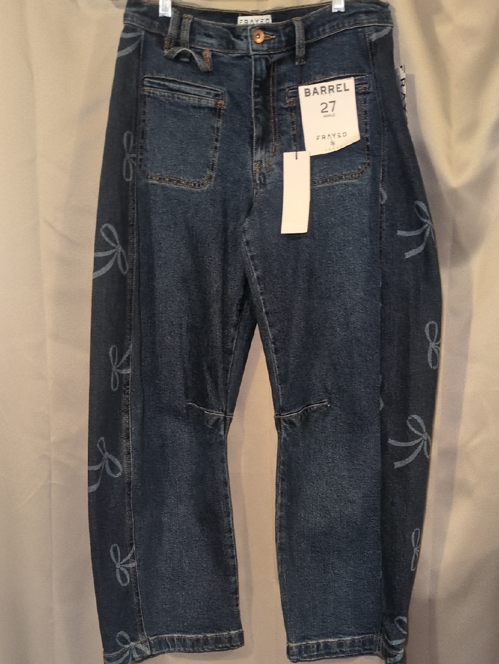 Frayed Dark Wash Barrel Denim Jeans with Bow Pront Accent